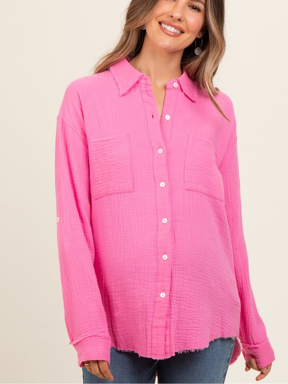 NWT Hem & Thread Hot Pink Crinkle Button-Down Shirt, Size S
